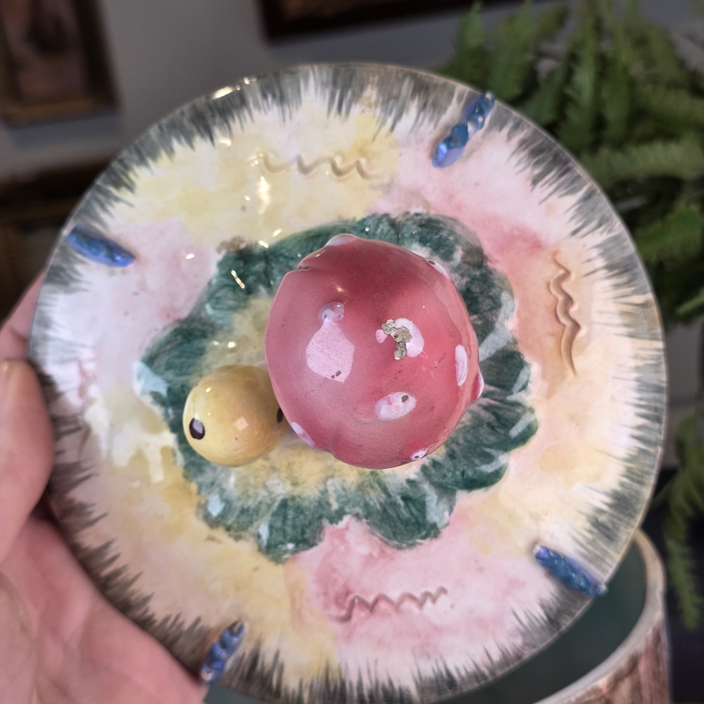 Vintage Cookie House Jar Mushroom Lid Blue Birds Kitsch Metlox Poppytrail - Picture 12 of 16